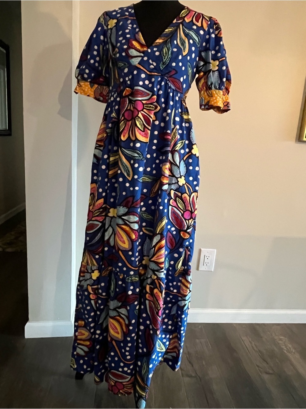 Tabitha Brown Blue Floral Polka Dot Maxi Dress Size 0 Pit to pit 17